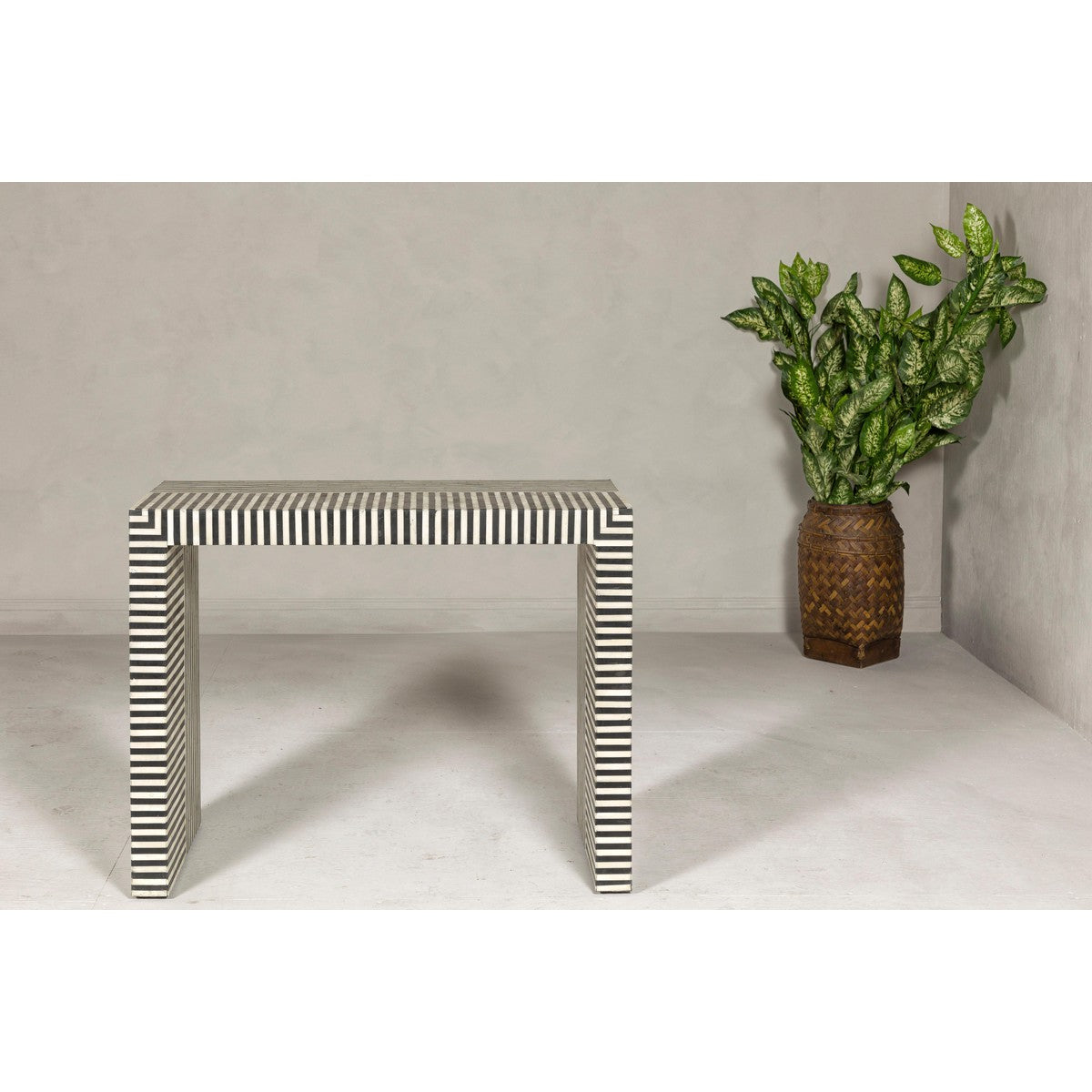 Contemporary Minimalist White and Black Striped Console Table with Bone Inlay-4. Asian &amp; Chinese Furniture, Art, Antiques, Vintage Home Décor for sale at FEA Home