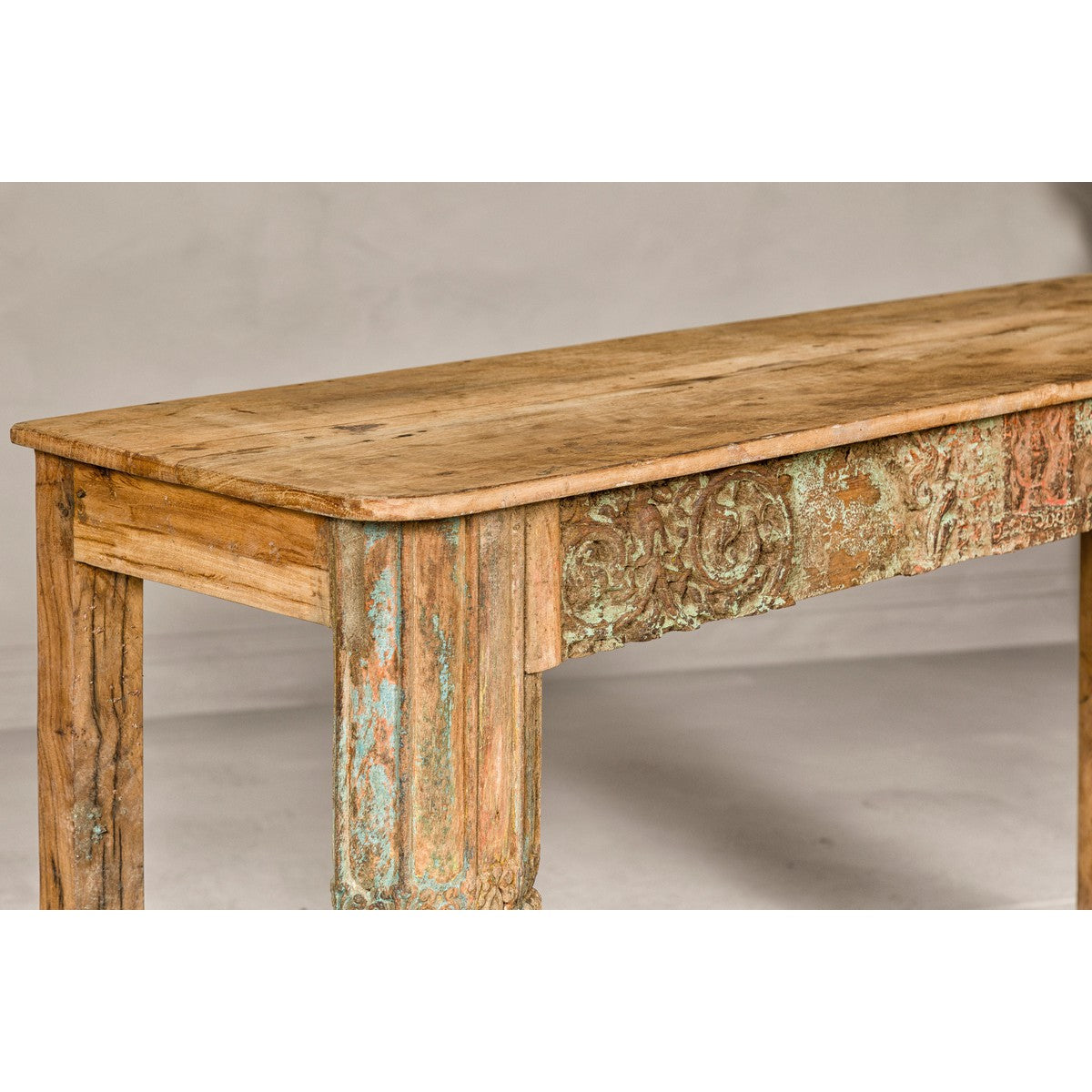 Mughal Style Distressed Polychrome Console Table with Carved Apron with Shelf-12. Asian &amp; Chinese Furniture, Art, Antiques, Vintage Home Décor for sale at FEA Home