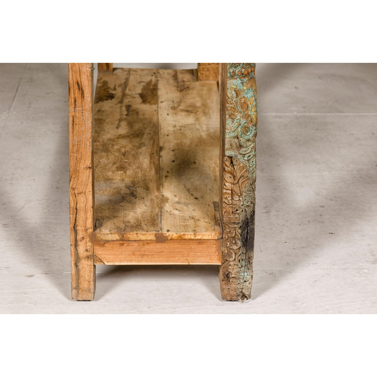 Mughal Style Distressed Polychrome Console Table with Carved Apron with Shelf-14. Asian &amp; Chinese Furniture, Art, Antiques, Vintage Home Décor for sale at FEA Home