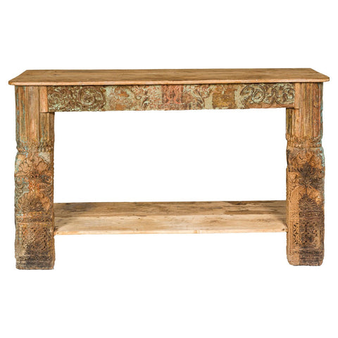 Mughal Style Distressed Polychrome Console Table with Carved Apron with Shelf-YN8001-1. Asian & Chinese Furniture, Art, Antiques, Vintage Home Décor for sale at FEA Home