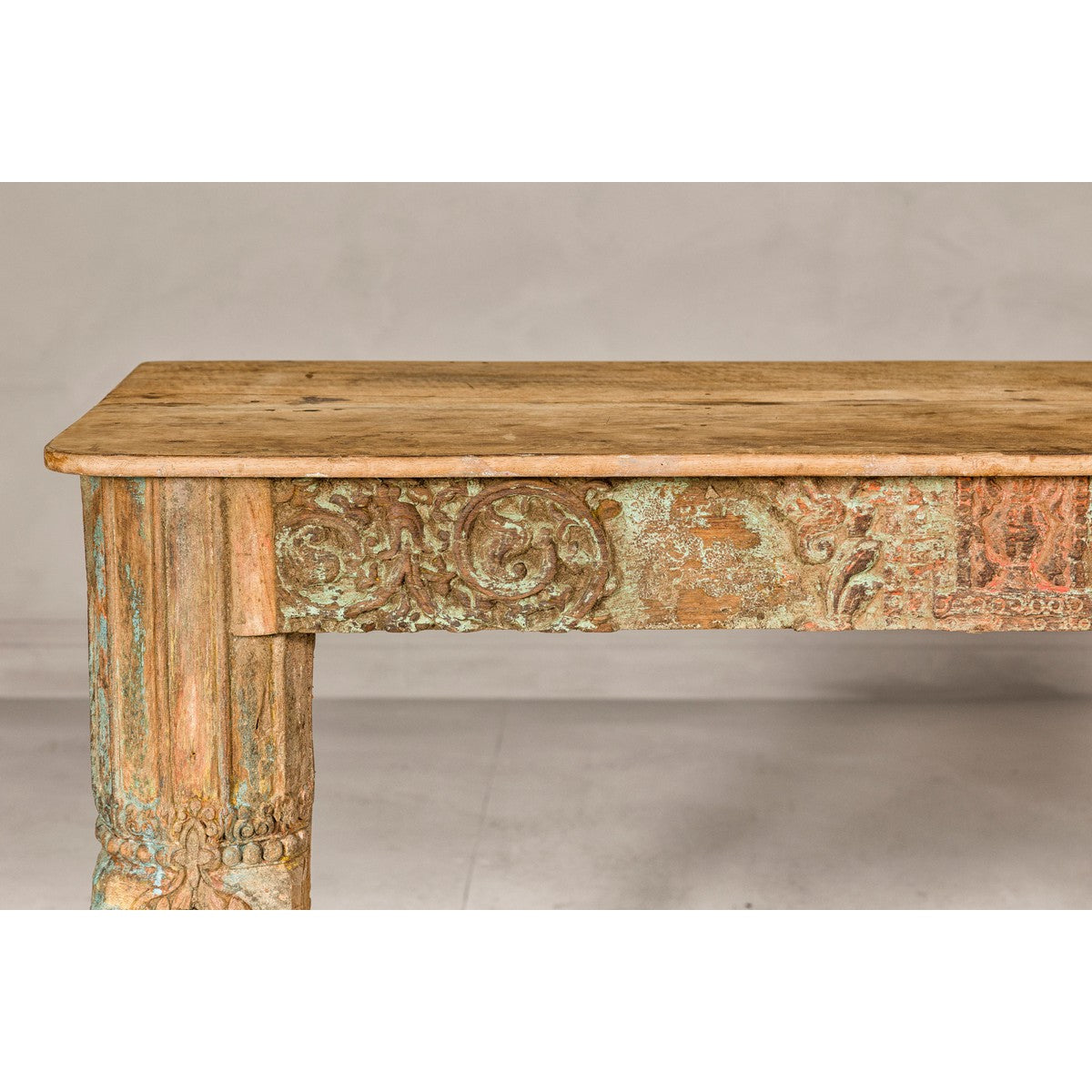 Mughal Style Distressed Polychrome Console Table with Carved Apron with Shelf-4. Asian &amp; Chinese Furniture, Art, Antiques, Vintage Home Décor for sale at FEA Home