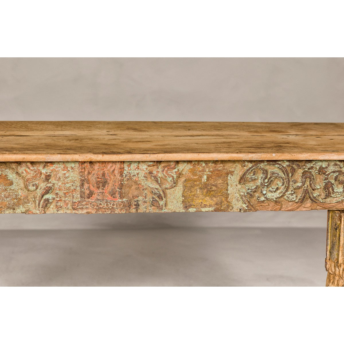 Mughal Style Distressed Polychrome Console Table with Carved Apron with Shelf-8. Asian &amp; Chinese Furniture, Art, Antiques, Vintage Home Décor for sale at FEA Home