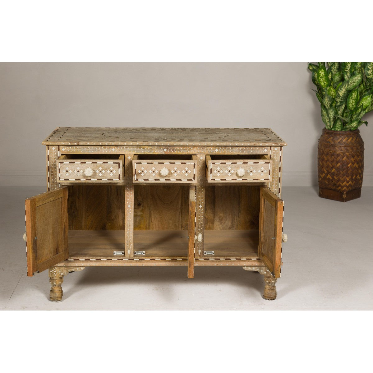 Anglo Style Mango Wood Buffet with Geometric Bone Inlay-13. Asian &amp; Chinese Furniture, Art, Antiques, Vintage Home Décor for sale at FEA Home