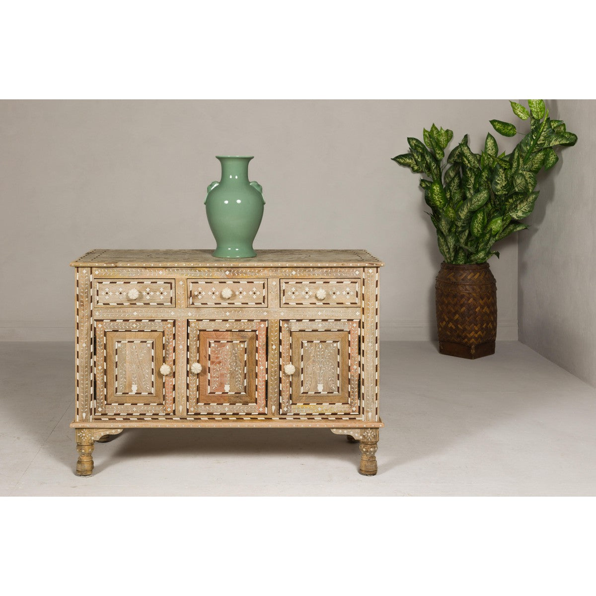 Anglo Style Mango Wood Buffet with Geometric Bone Inlay-3. Asian &amp; Chinese Furniture, Art, Antiques, Vintage Home Décor for sale at FEA Home