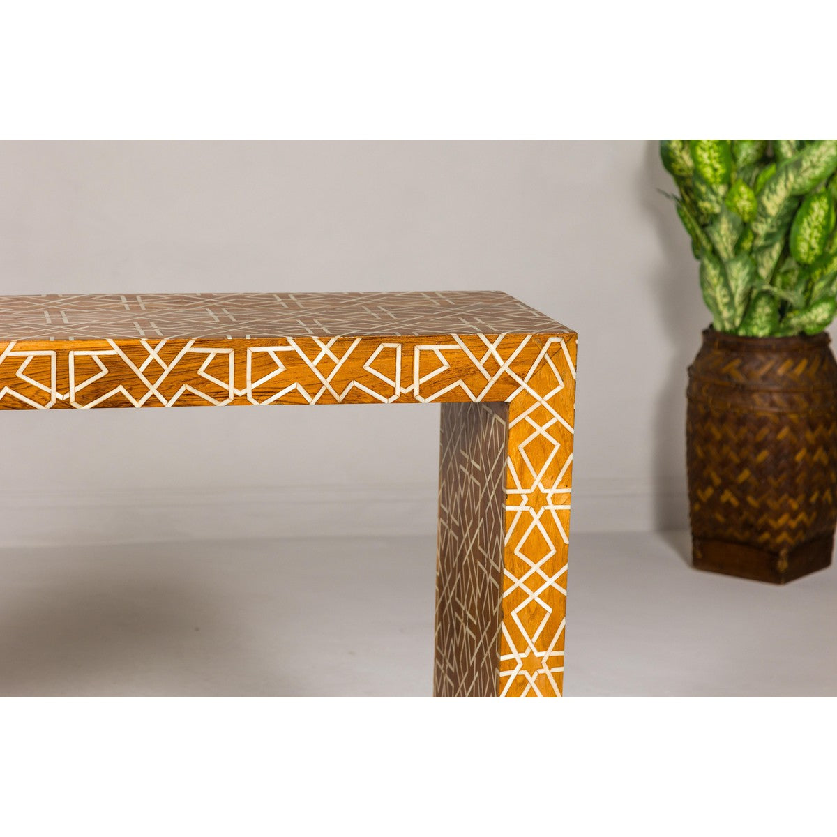 Handmade Mango Wood Linear Console Table with Geometric Bone Inlay-6. Asian &amp; Chinese Furniture, Art, Antiques, Vintage Home Décor for sale at FEA Home