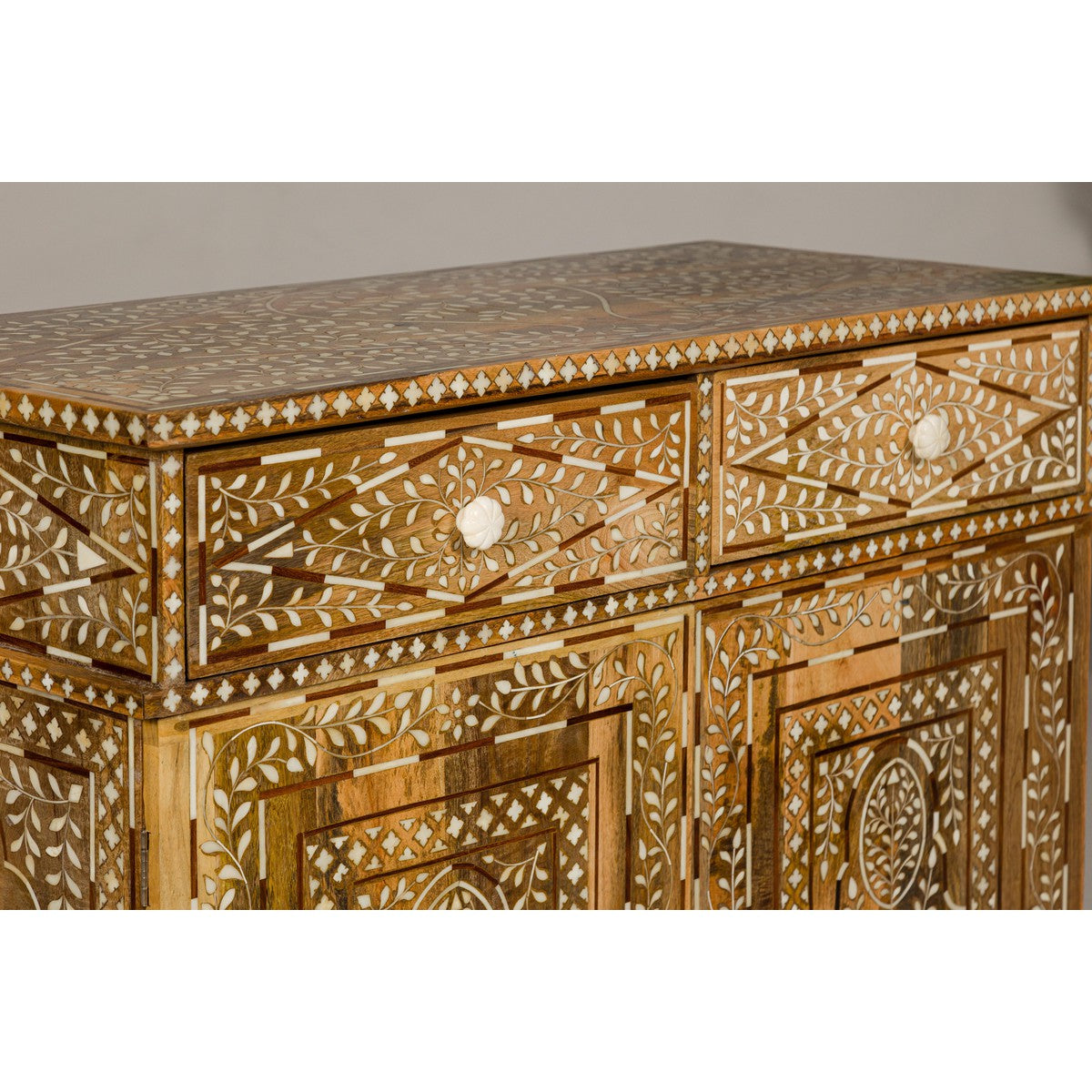 Anglo Style Mango Wood and Bone Inlay Two-Drawer over Two Door Buffet-13. Asian &amp; Chinese Furniture, Art, Antiques, Vintage Home Décor for sale at FEA Home