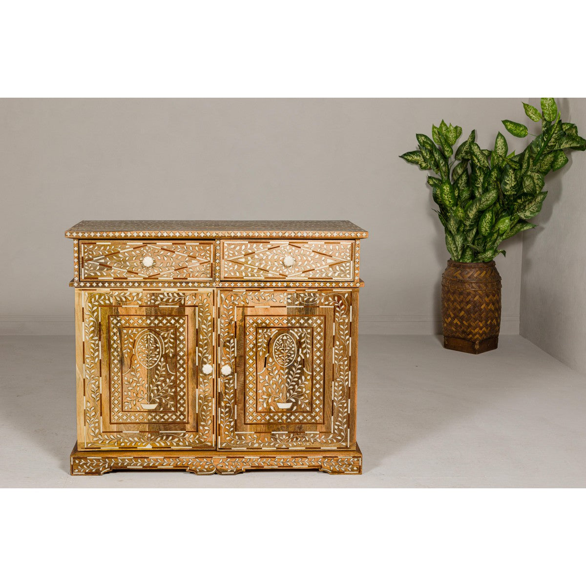 Anglo Style Mango Wood and Bone Inlay Two-Drawer over Two Door Buffet-3. Asian &amp; Chinese Furniture, Art, Antiques, Vintage Home Décor for sale at FEA Home