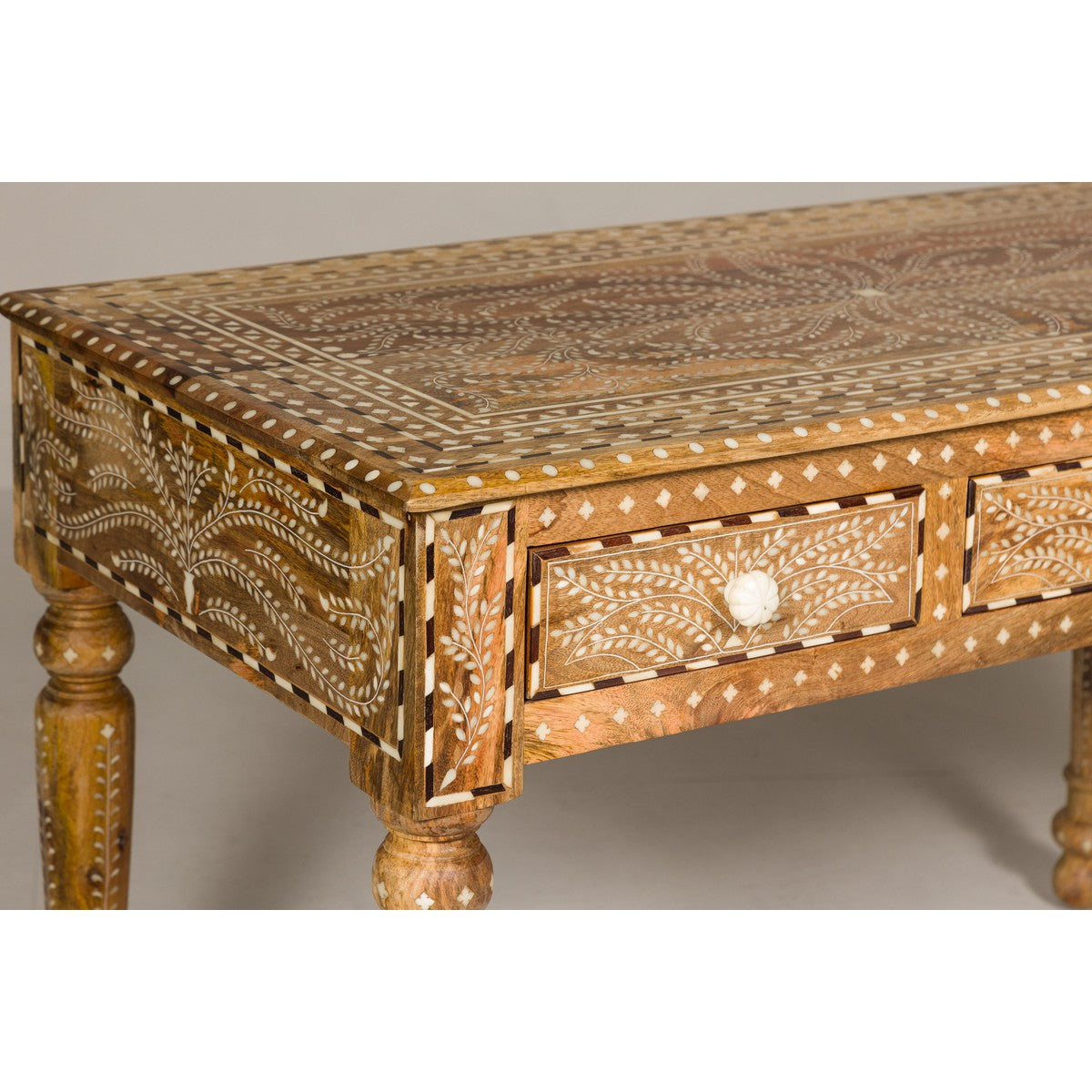 Anglo Style Mango Wood Desk with Drawers, Bone Inlay and Light Patina-12. Asian &amp; Chinese Furniture, Art, Antiques, Vintage Home Décor for sale at FEA Home