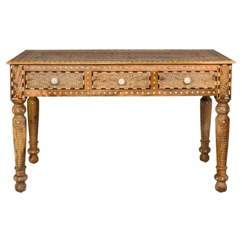 Anglo Style Mango Wood Desk with Drawers, Bone Inlay and Light Patina-YN8012-1. Asian & Chinese Furniture, Art, Antiques, Vintage Home Décor for sale at FEA Home
