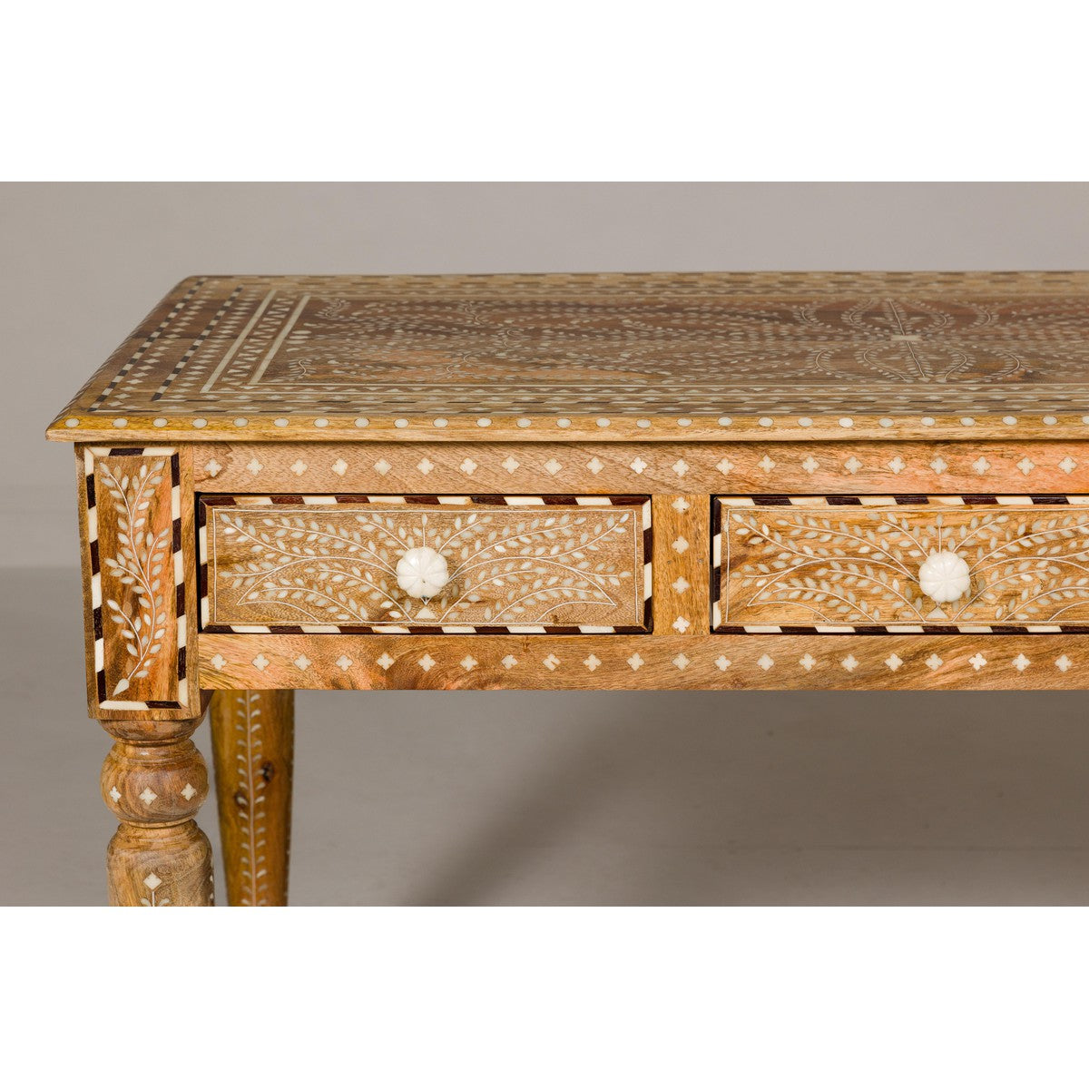 Anglo Style Mango Wood Desk with Drawers, Bone Inlay and Light Patina-4. Asian &amp; Chinese Furniture, Art, Antiques, Vintage Home Décor for sale at FEA Home