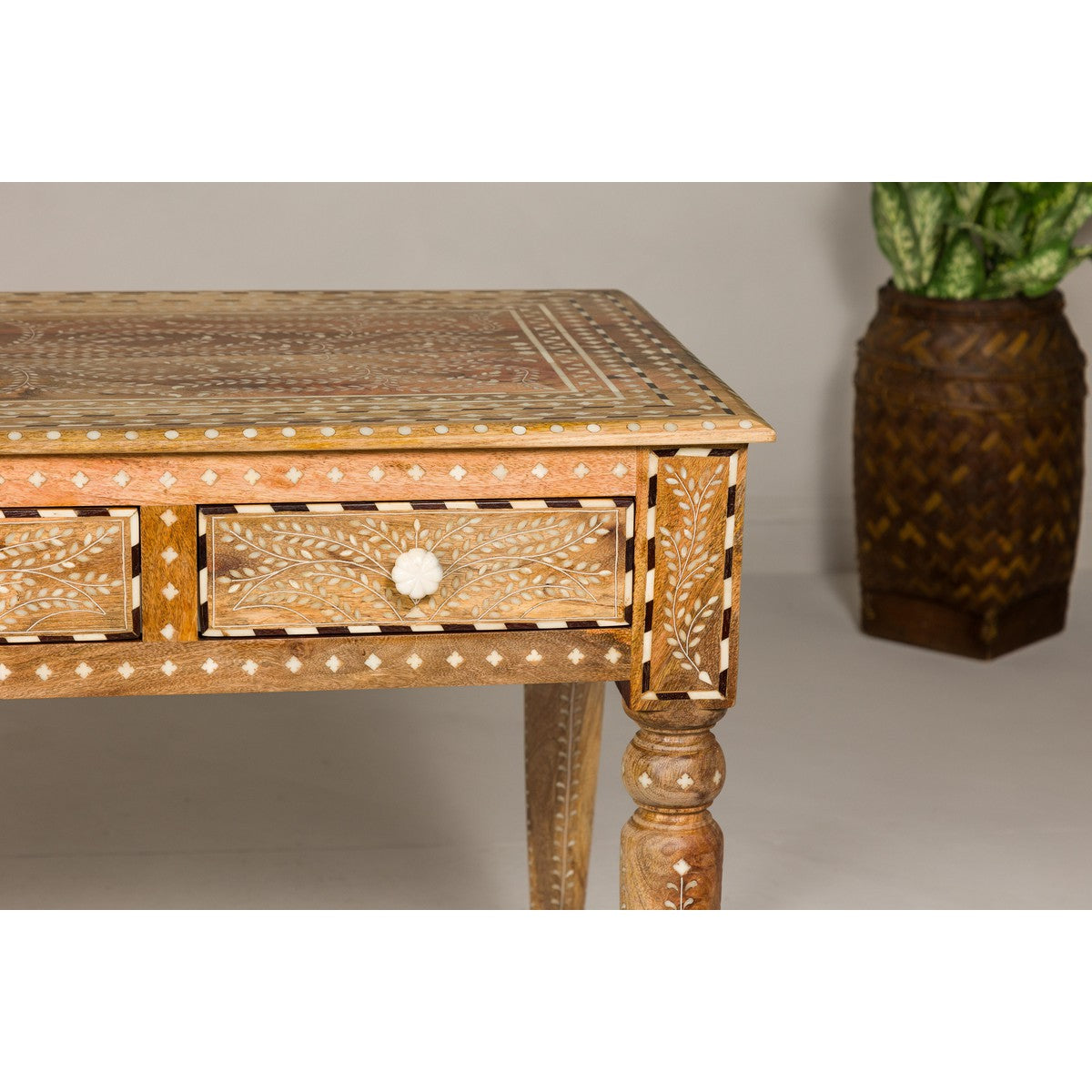 Anglo Style Mango Wood Desk with Drawers, Bone Inlay and Light Patina-5. Asian &amp; Chinese Furniture, Art, Antiques, Vintage Home Décor for sale at FEA Home