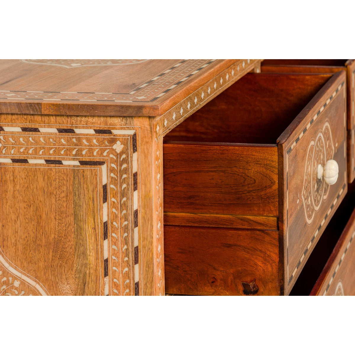Anglo Indian Style Mango Wood Chest with Four Drawers and Floral Bone Inlay-13. Asian &amp; Chinese Furniture, Art, Antiques, Vintage Home Décor for sale at FEA Home