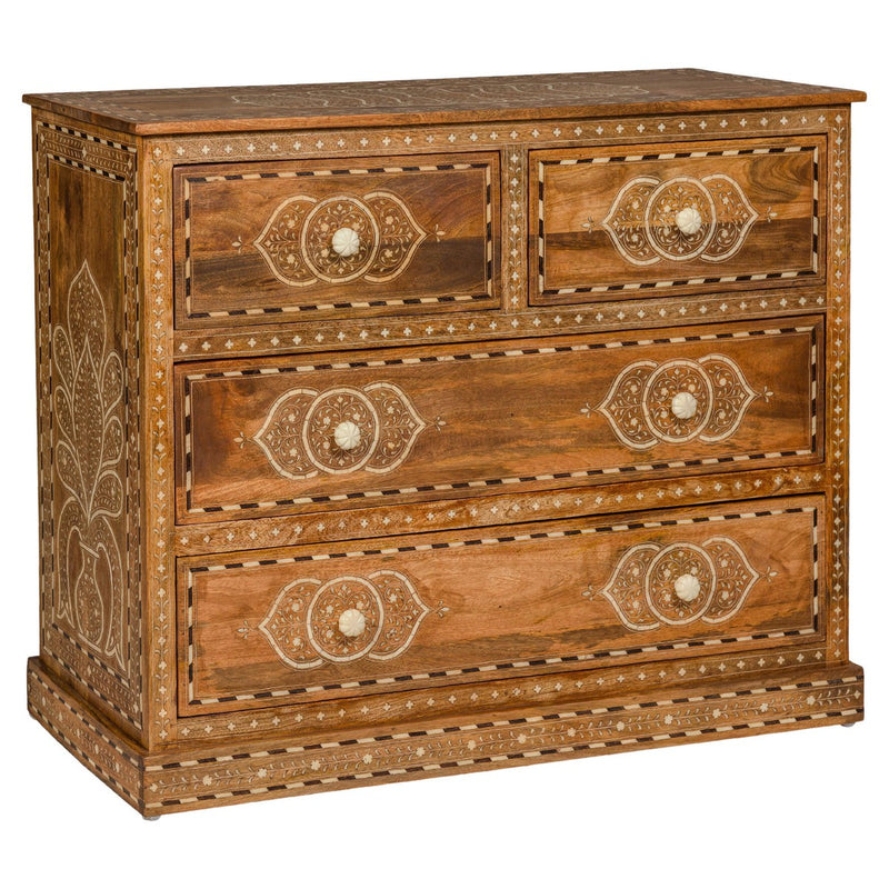 Anglo Indian Style Mango Wood Chest with Four Drawers and Floral Bone Inlay-YN8013-1. Asian & Chinese Furniture, Art, Antiques, Vintage Home Décor for sale at FEA Home
