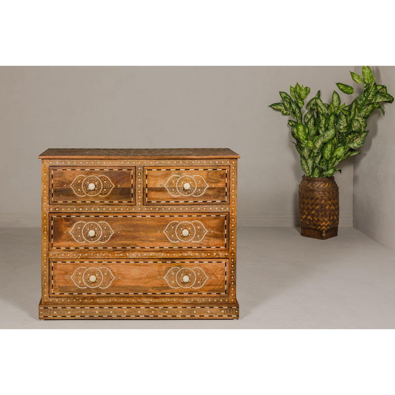 Anglo Indian Style Mango Wood Chest with Four Drawers and Floral Bone Inlay-YN8013-3. Asian & Chinese Furniture, Art, Antiques, Vintage Home Décor for sale at FEA Home
