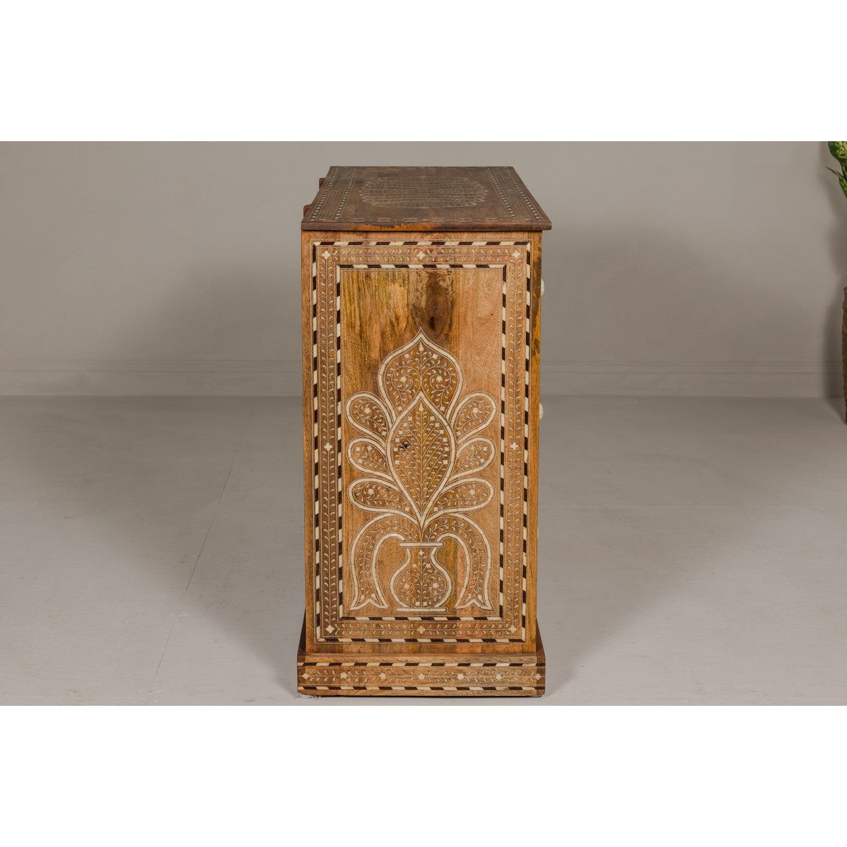 Anglo-Indian Four-Drawer Vintage Dresser Chest with Floral Bone Inlay Design-14. Asian &amp; Chinese Furniture, Art, Antiques, Vintage Home Décor for sale at FEA Home