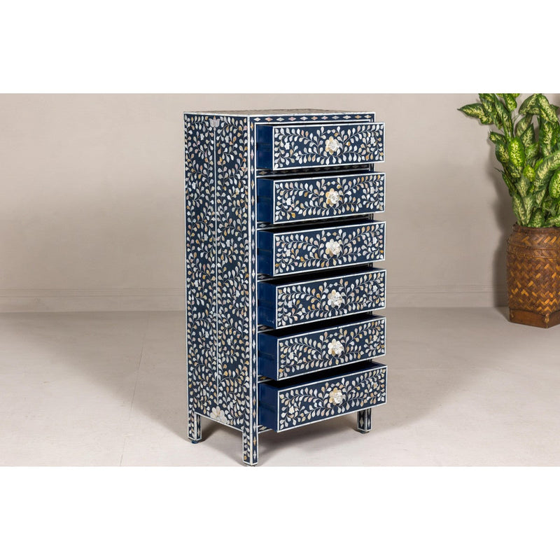 Blue and White Anglo Style Inlaid Mother of Pearl Tall Chest-YN8015-11. Asian & Chinese Furniture, Art, Antiques, Vintage Home Décor for sale at FEA Home