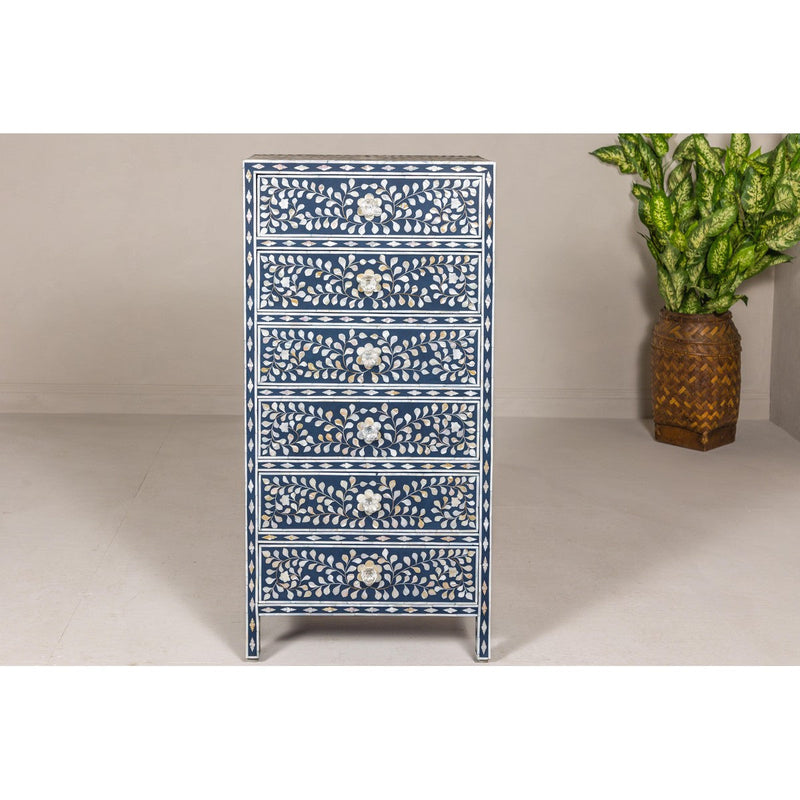 Blue and White Anglo Style Inlaid Mother of Pearl Tall Chest-YN8015-2. Asian & Chinese Furniture, Art, Antiques, Vintage Home Décor for sale at FEA Home