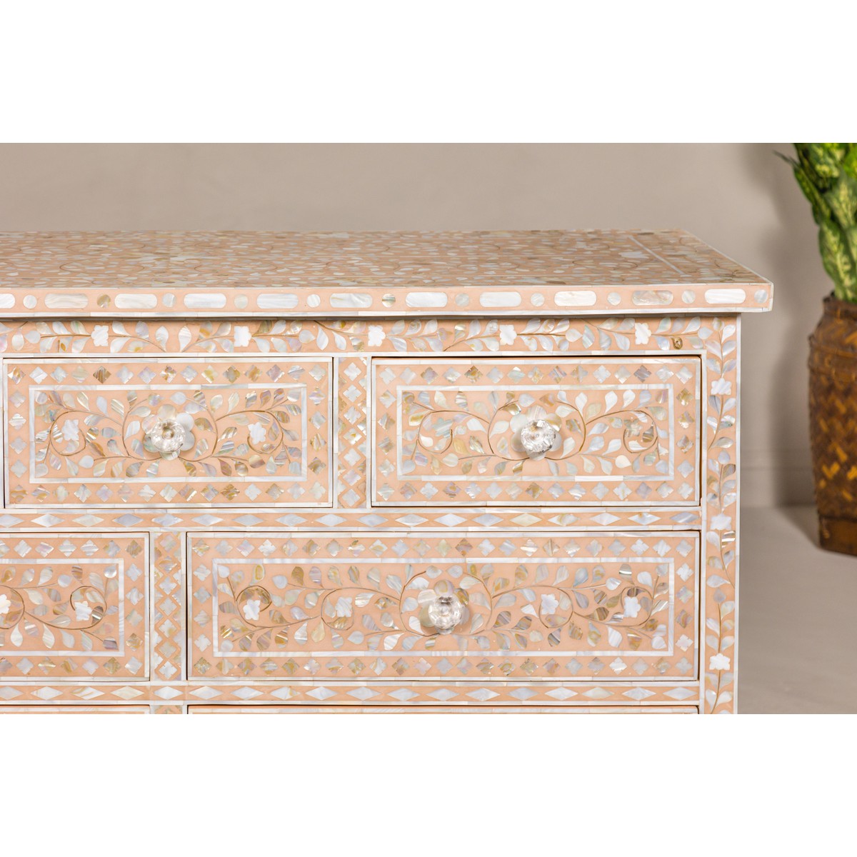 Anglo Style Soft Pink Dresser with Floral Themed Mother-of-Pearl Inlay-6. Asian &amp; Chinese Furniture, Art, Antiques, Vintage Home Décor for sale at FEA Home
