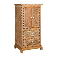 Anglo Style Narrow Cabinet with Foliage-Themed Bone Inlaid Décor