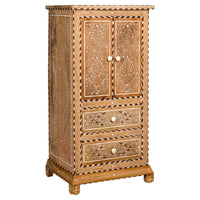 Anglo Style Narrow Cabinet with Foliage-Themed Bone Inlaid Décor