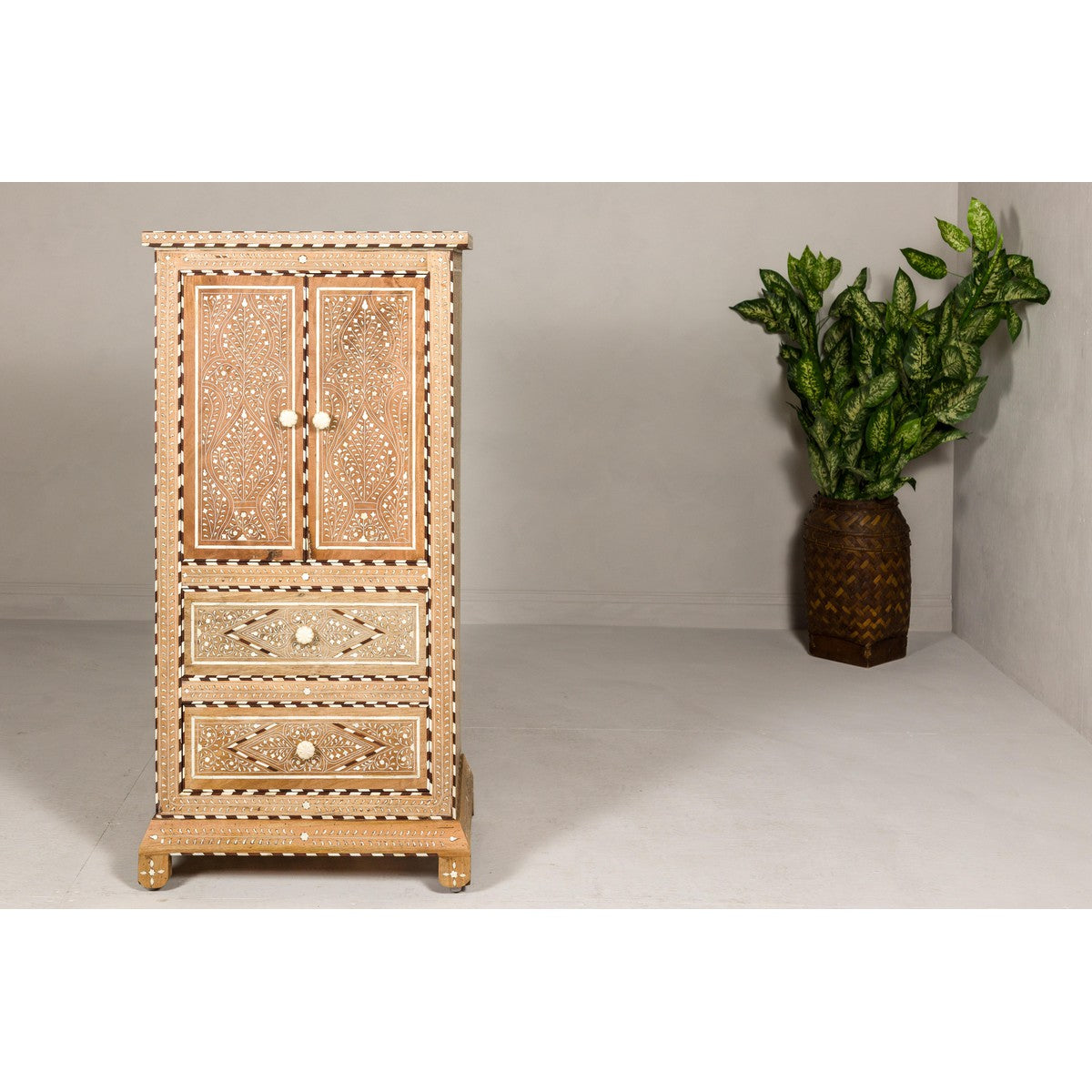Anglo Style Narrow Cabinet with Foliage-Themed Bone Inlaid Décor-3. Asian &amp; Chinese Furniture, Art, Antiques, Vintage Home Décor for sale at FEA Home
