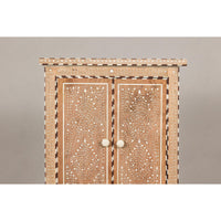 Anglo Style Narrow Cabinet with Foliage-Themed Bone Inlaid Décor