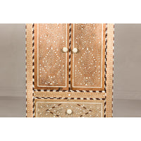 Anglo Style Narrow Cabinet with Foliage-Themed Bone Inlaid Décor