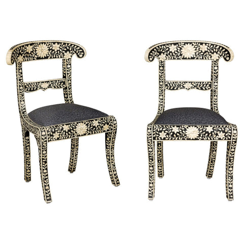 Anglo Style Ebonised Side Chairs with Floral Themed Bone Inlay, a Pair-YN8018-1. Asian & Chinese Furniture, Art, Antiques, Vintage Home Décor for sale at FEA Home