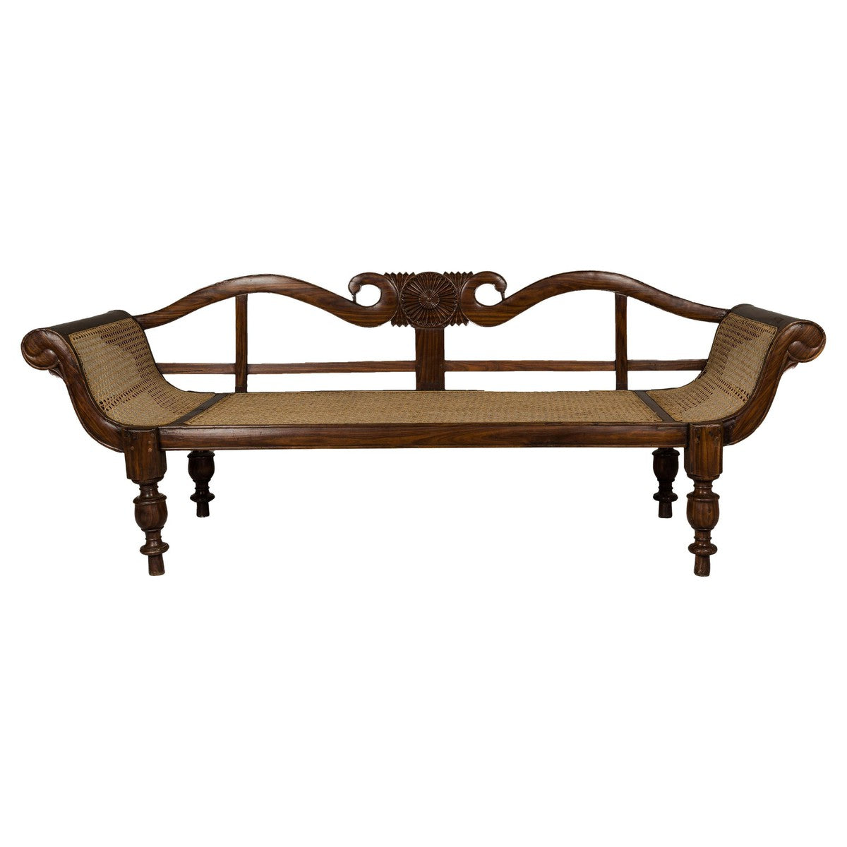 British Colonial Carved and Cane Settee with Swan Neck Back and Scrolling Arms-1. Asian & Chinese Furniture, Art, Antiques, Vintage Home Décor for sale at FEA Home