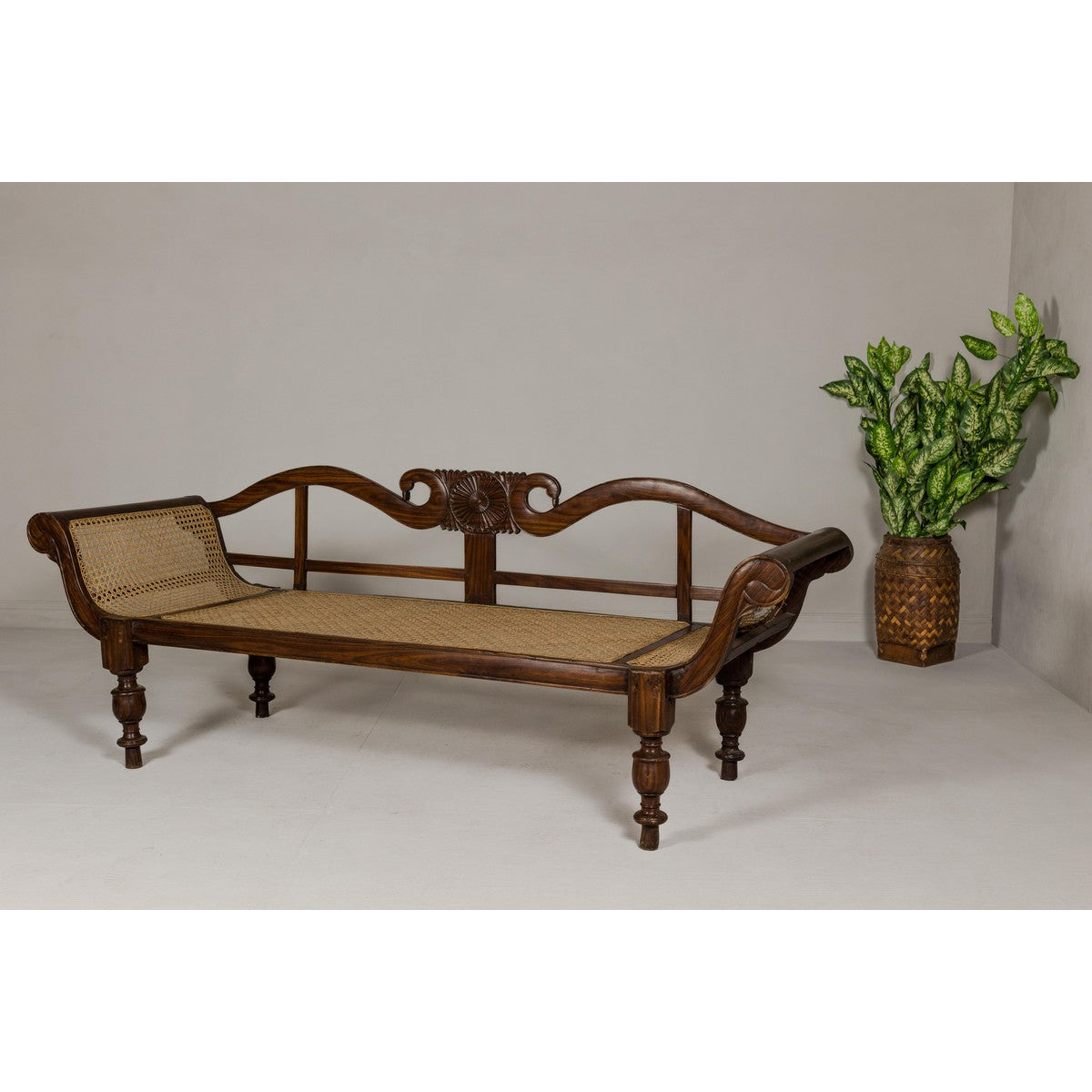 British Colonial Carved and Cane Settee with Swan Neck Back and Scrolling Arms-10. Asian &amp; Chinese Furniture, Art, Antiques, Vintage Home Décor for sale at FEA Home