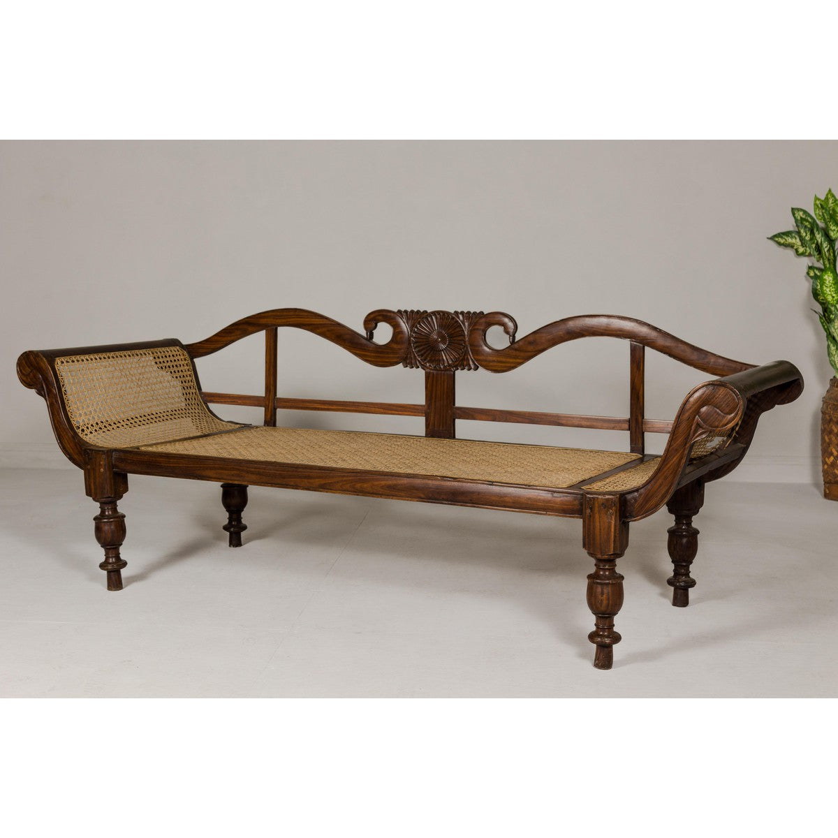 British Colonial Carved and Cane Settee with Swan Neck Back and Scrolling Arms-11. Asian &amp; Chinese Furniture, Art, Antiques, Vintage Home Décor for sale at FEA Home