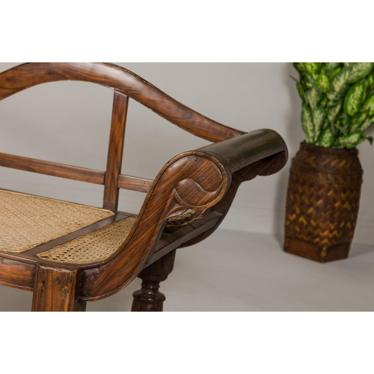 British Colonial Carved and Cane Settee with Swan Neck Back and Scrolling Arms-12. Asian &amp; Chinese Furniture, Art, Antiques, Vintage Home Décor for sale at FEA Home