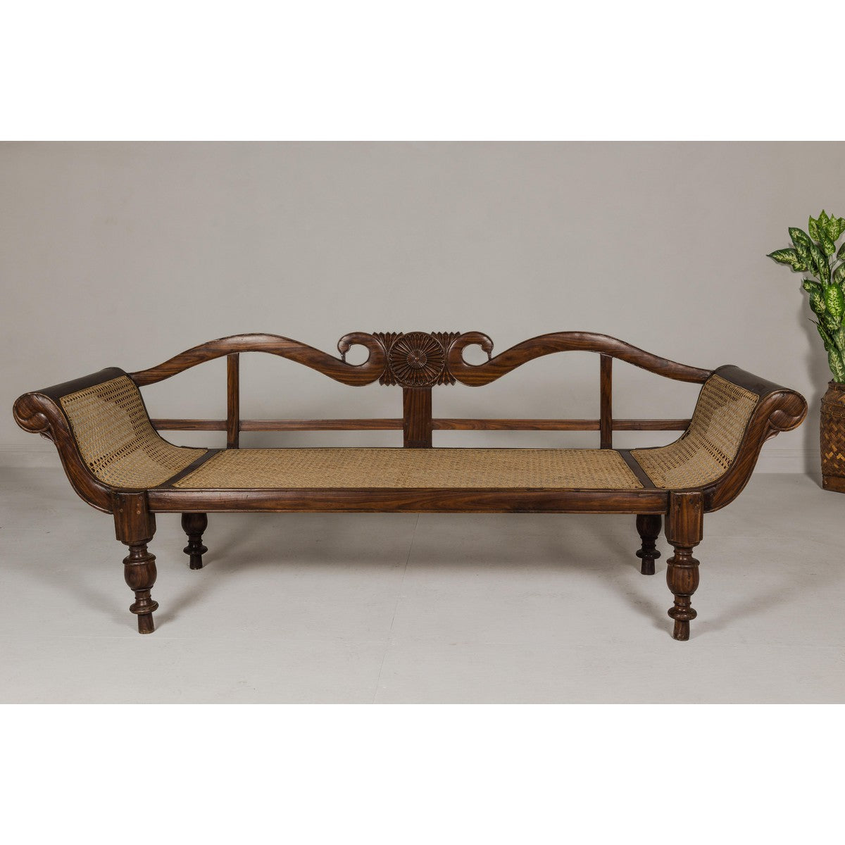 British Colonial Carved and Cane Settee with Swan Neck Back and Scrolling Arms-2. Asian & Chinese Furniture, Art, Antiques, Vintage Home Décor for sale at FEA Home