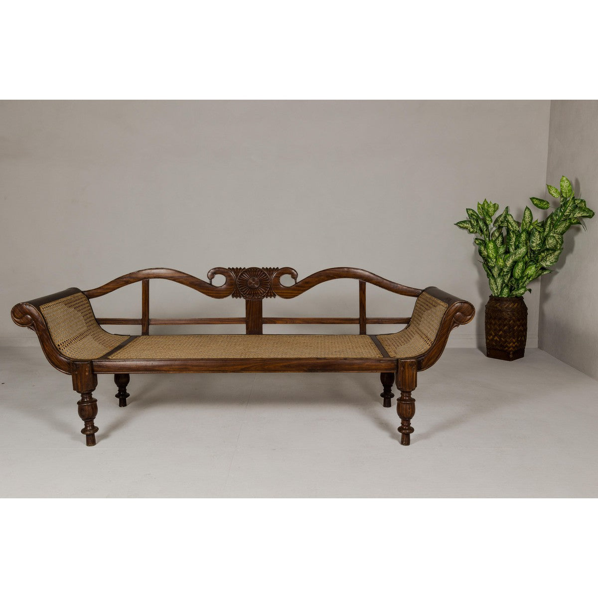 British Colonial Carved and Cane Settee with Swan Neck Back and Scrolling Arms-3. Asian &amp; Chinese Furniture, Art, Antiques, Vintage Home Décor for sale at FEA Home