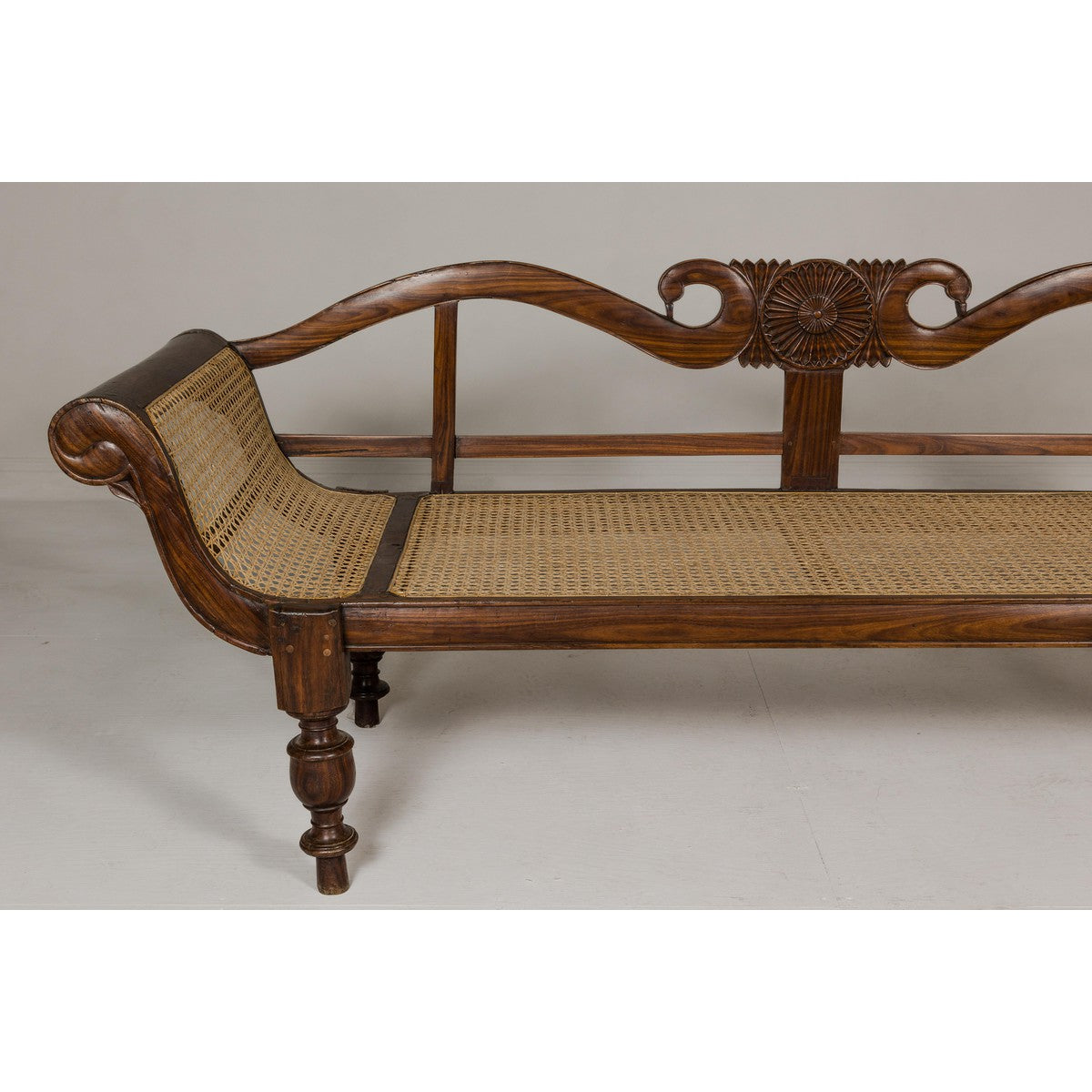 British Colonial Carved and Cane Settee with Swan Neck Back and Scrolling Arms-4. Asian &amp; Chinese Furniture, Art, Antiques, Vintage Home Décor for sale at FEA Home
