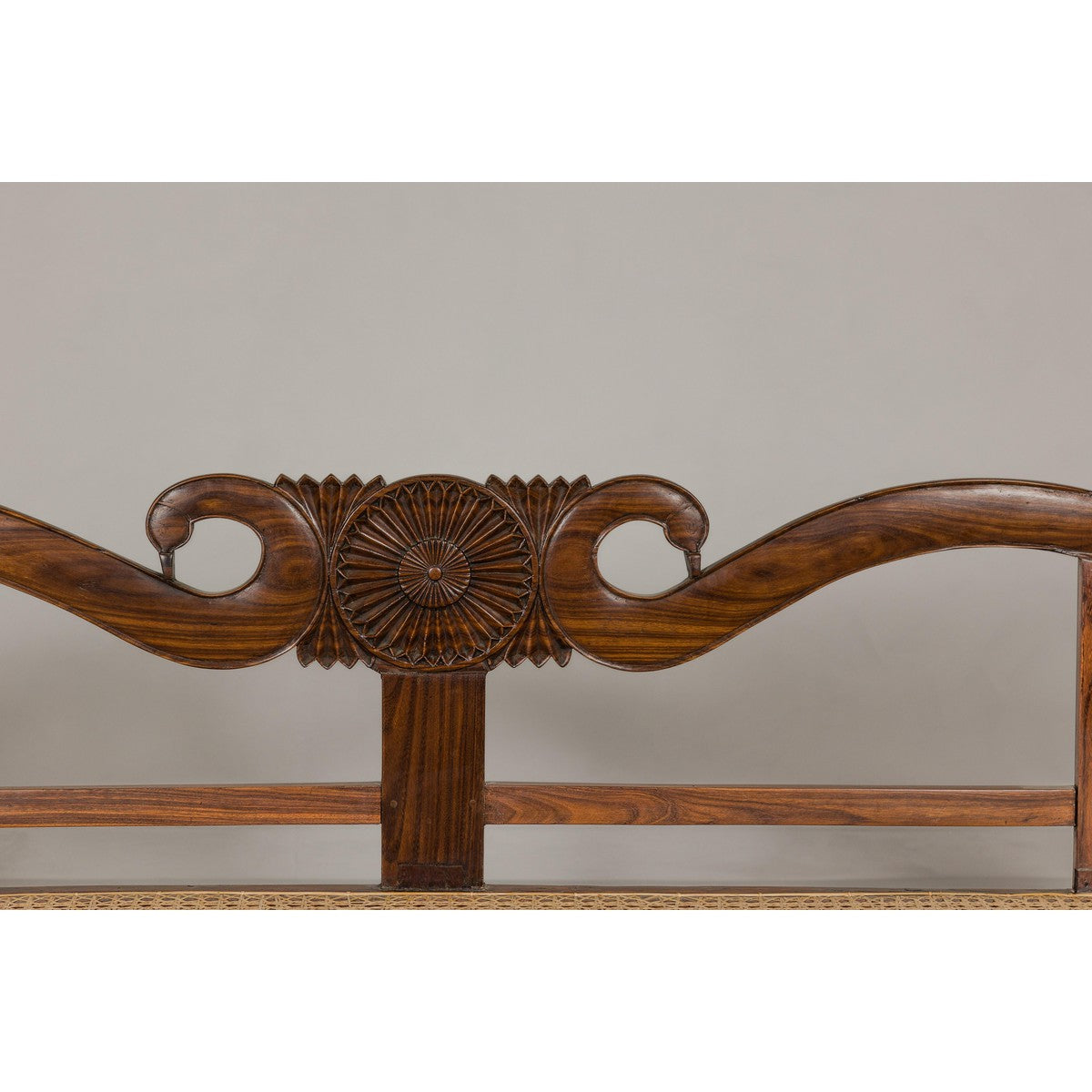 British Colonial Carved and Cane Settee with Swan Neck Back and Scrolling Arms-5. Asian &amp; Chinese Furniture, Art, Antiques, Vintage Home Décor for sale at FEA Home