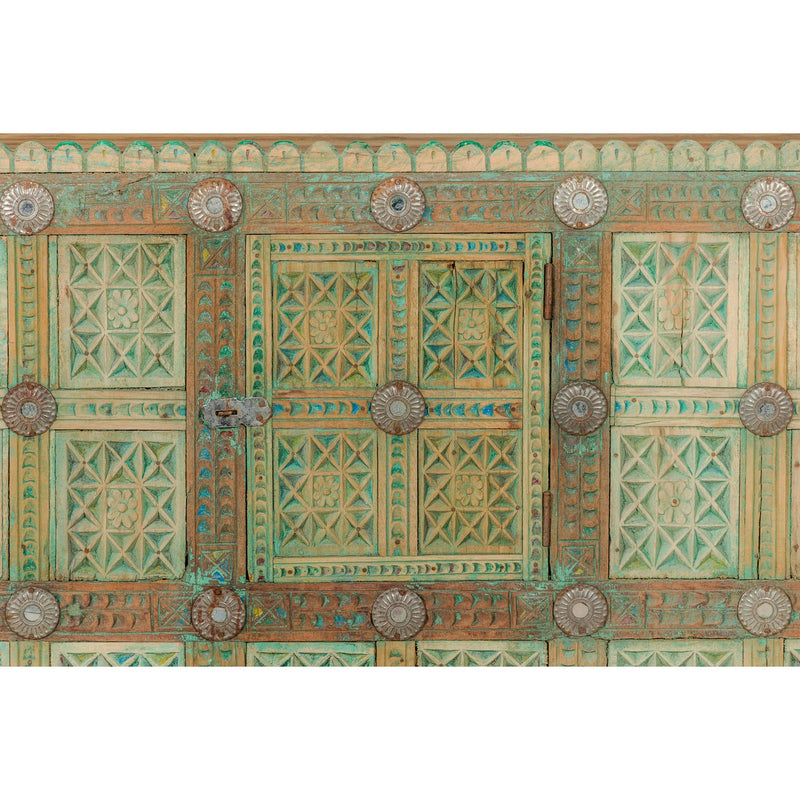 Indian Antique Green Painted Damachiya Wedding Cabinet on Legs with Carved Décor-YN8031-10. Asian & Chinese Furniture, Art, Antiques, Vintage Home Décor for sale at FEA Home