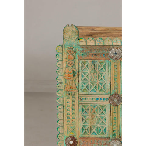Indian Antique Green Painted Damachiya Wedding Cabinet on Legs with Carved Décor-YN8031-12. Asian & Chinese Furniture, Art, Antiques, Vintage Home Décor for sale at FEA Home