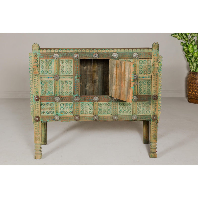 Indian Antique Green Painted Damachiya Wedding Cabinet on Legs with Carved Décor-YN8031-13. Asian & Chinese Furniture, Art, Antiques, Vintage Home Décor for sale at FEA Home