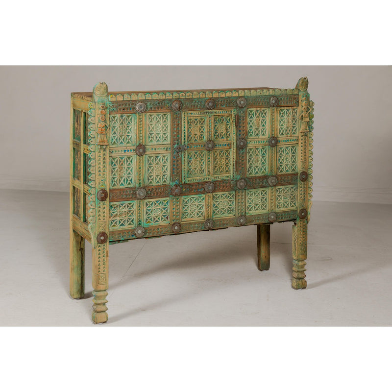 Indian Antique Green Painted Damachiya Wedding Cabinet on Legs with Carved Décor-YN8031-14. Asian & Chinese Furniture, Art, Antiques, Vintage Home Décor for sale at FEA Home