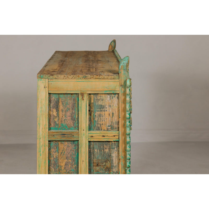 Indian Antique Green Painted Damachiya Wedding Cabinet on Legs with Carved Décor-YN8031-16. Asian & Chinese Furniture, Art, Antiques, Vintage Home Décor for sale at FEA Home