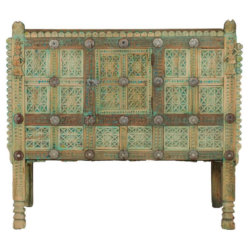 Indian Antique Green Painted Damachiya Wedding Cabinet on Legs with Carved Décor-YN8031-1. Asian & Chinese Furniture, Art, Antiques, Vintage Home Décor for sale at FEA Home