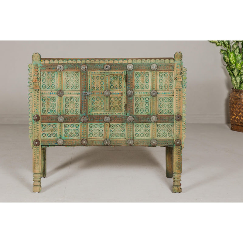 Indian Antique Green Painted Damachiya Wedding Cabinet on Legs with Carved Décor-YN8031-2. Asian & Chinese Furniture, Art, Antiques, Vintage Home Décor for sale at FEA Home