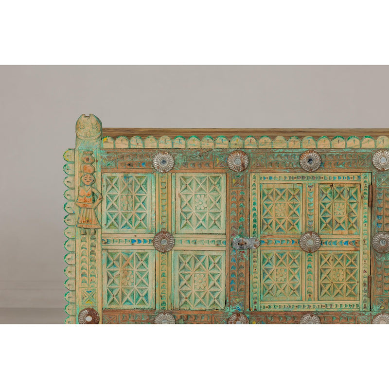 Indian Antique Green Painted Damachiya Wedding Cabinet on Legs with Carved Décor-YN8031-4. Asian & Chinese Furniture, Art, Antiques, Vintage Home Décor for sale at FEA Home