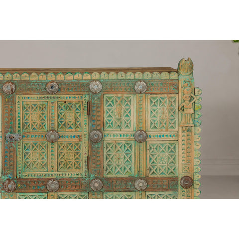 Indian Antique Green Painted Damachiya Wedding Cabinet on Legs with Carved Décor-YN8031-5. Asian & Chinese Furniture, Art, Antiques, Vintage Home Décor for sale at FEA Home