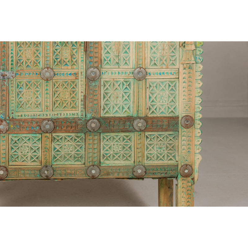 Indian Antique Green Painted Damachiya Wedding Cabinet on Legs with Carved Décor-YN8031-7. Asian & Chinese Furniture, Art, Antiques, Vintage Home Décor for sale at FEA Home