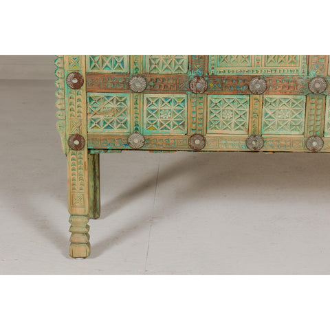 Indian Antique Green Painted Damachiya Wedding Cabinet on Legs with Carved Décor-YN8031-8. Asian & Chinese Furniture, Art, Antiques, Vintage Home Décor for sale at FEA Home