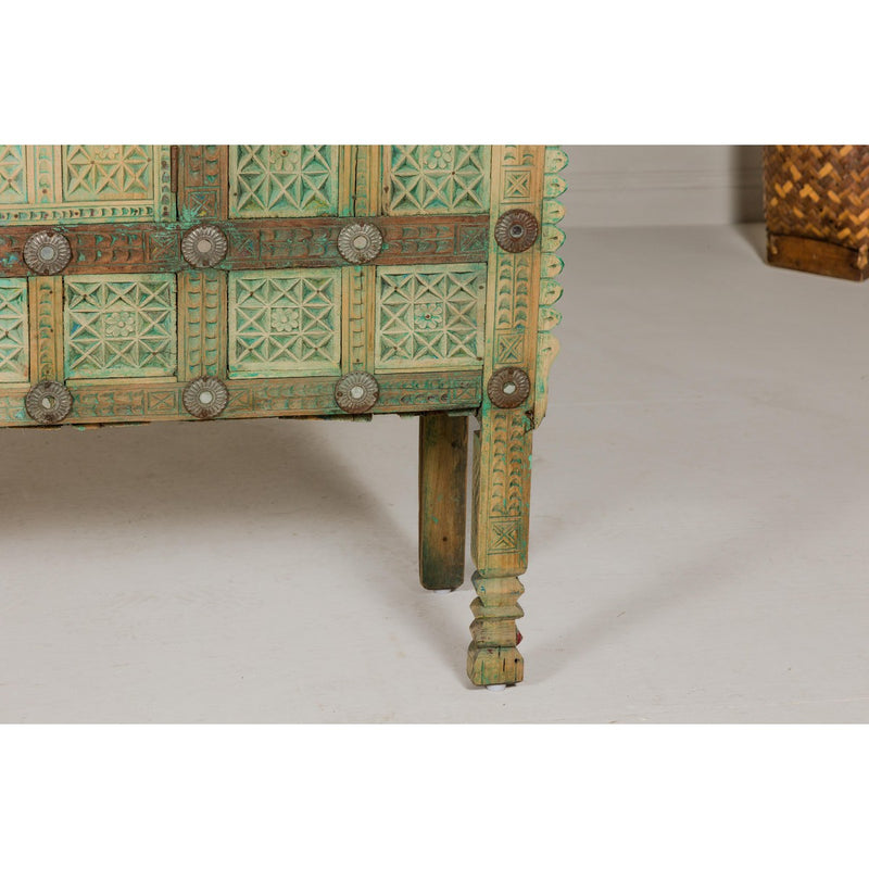Indian Antique Green Painted Damachiya Wedding Cabinet on Legs with Carved Décor-YN8031-9. Asian & Chinese Furniture, Art, Antiques, Vintage Home Décor for sale at FEA Home