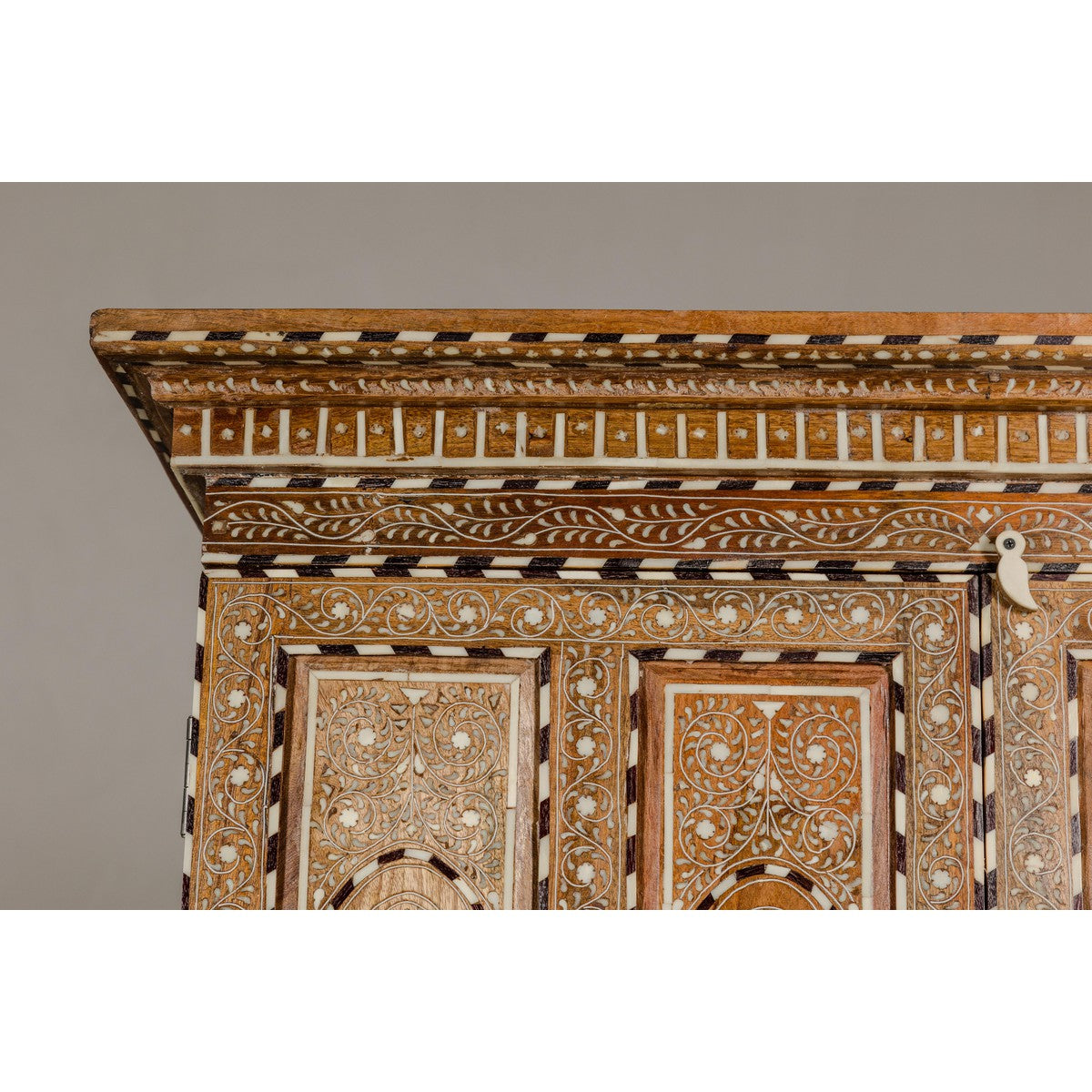 Anglo Indian Style Mango Wood Tall Cabinet with Floral Themed Bone Inlaid Décor-7. Asian &amp; Chinese Furniture, Art, Antiques, Vintage Home Décor for sale at FEA Home