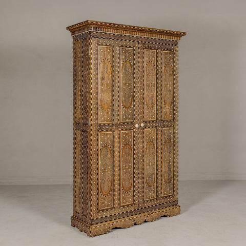Anglo-Indian Style Mango Wood Tall Armoire with Floral Themed Bone Inlay-YN8037-12. Asian & Chinese Furniture, Art, Antiques, Vintage Home Décor for sale at FEA Home